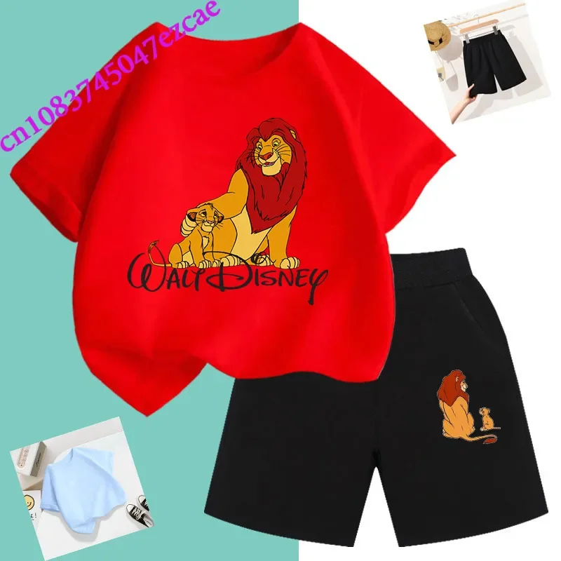 T-shirt estiva Disney Simba Set per bambini t-shirt re leone Set pantaloncini a maniche corte felpa con stampa cartone animato per ragazzi e ragazze