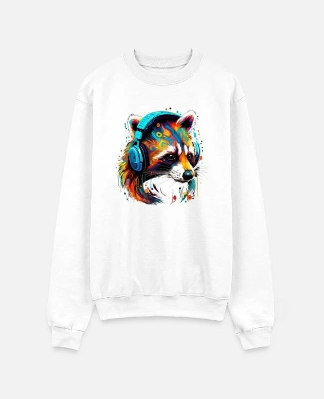 

Autumn and Winter Cotton Crew Neck Sweatshirt with Groovy Raccoon Graphic Stylish Design Showcases A Colorful Raccoon Sporting