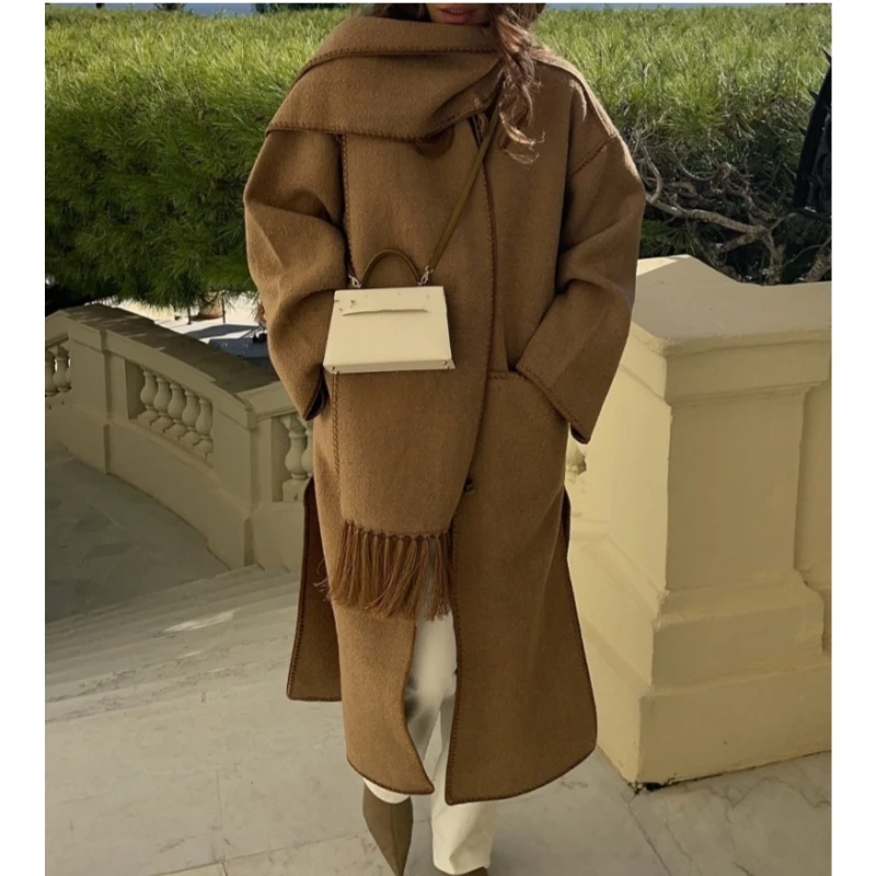 25 year autumn and winter design sense loose and slimming side slit camel wool blend embroidered scarf coat