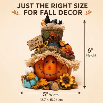 Hodao Resin Thanksgiving Harvest Scarecrow Figurine Figure Model, Pumpkin Face Autumn Decor with Give Thanks Sign & Cute Black Crows, Rustic Farmhouse Tabletop Statue with Straw Hat & Sunflower, Holiday Accent Ornament for Home Shelf Mantel Display 7