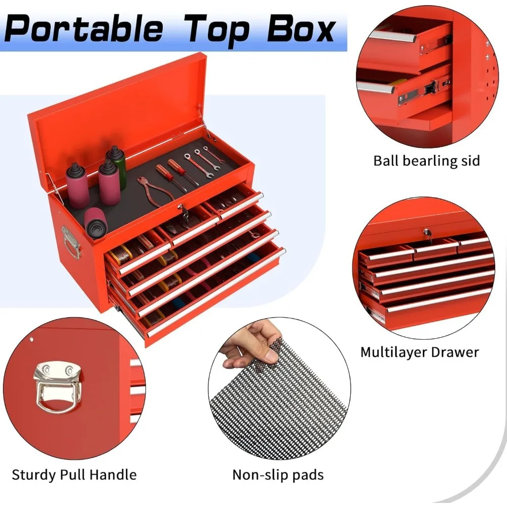 Baú de ferramentas de rolamento de 8 gavetas, caixa de ferramentas de alta capacidade com rodas e gavetas com fechadura, armazenamento organizador de caixa de ferramentas portátil 2 em 1