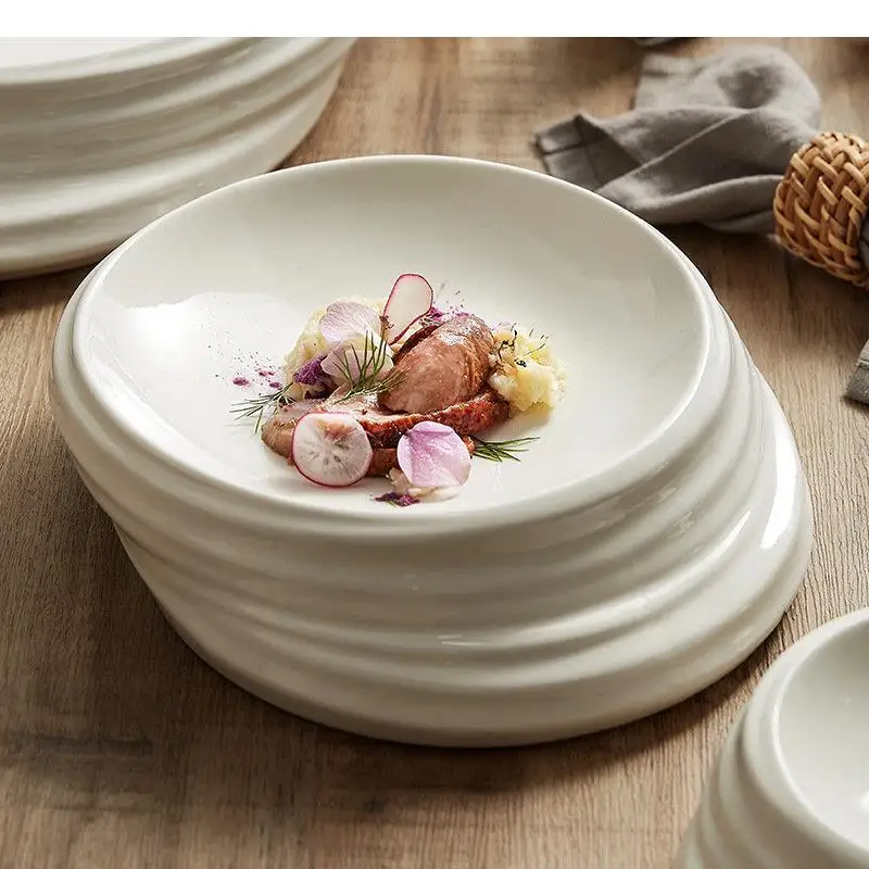 Rotary Threaded Ceramic Dinner Plate Restaurant Steak Dessert Plates Snack Salad Insulation