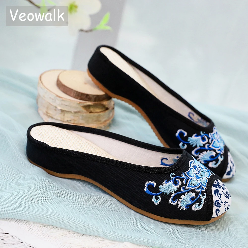 Veowalk Handmade Casual Chinese style Embroidery Slipper Old Peking National Cloth Shoes Vintage Women Breathable Summer Shoes