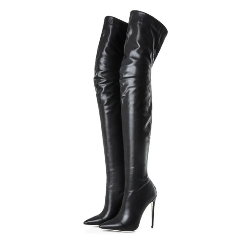 Damen Lackleder Overknee-Stiefel mit Reißverschluss, 12cm Superhochabsatz, Sexy Pole Dance Club Party Oberschenkelhohe Stiefel