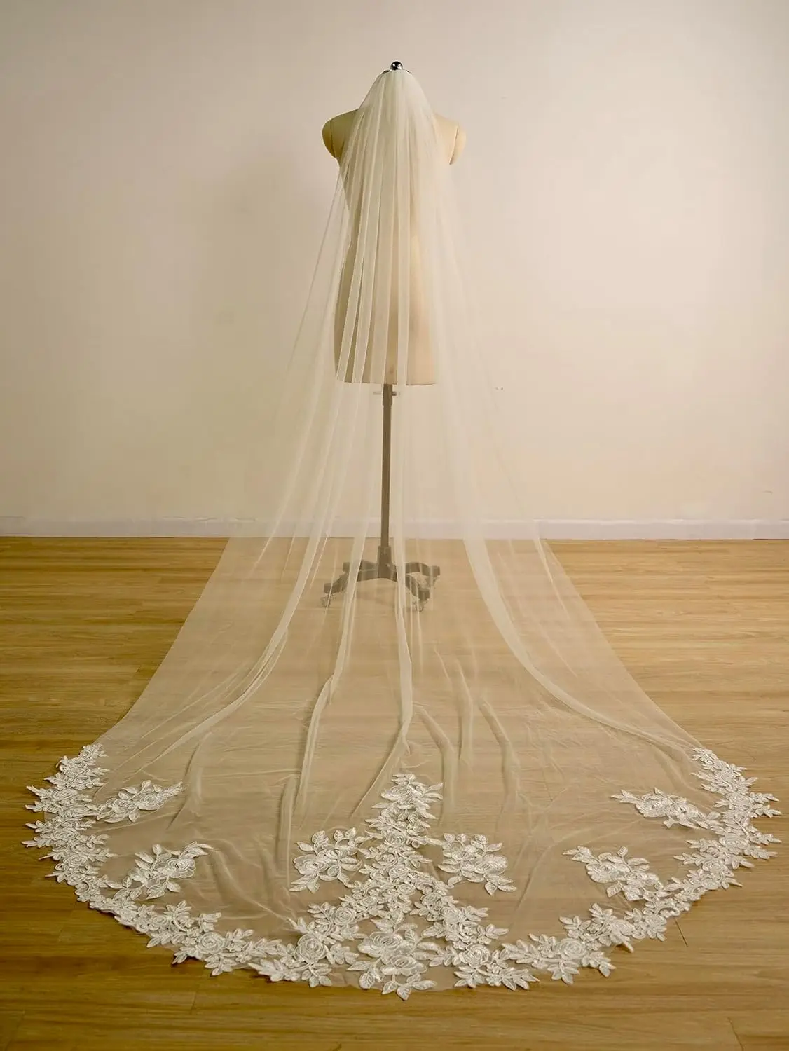 Cathedral Length Floral Lace Soft Tulle Bridal Veil with Metal Comb  1 Layer 3M Long Veil Wedding Accessories Customized