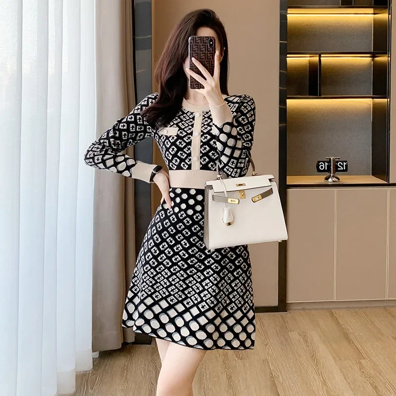 2024Fashion Knit Dress Women Autumn Ribbed Contrast Long Sleeve High Waist Lapel Gown Dress Knitwear Ladies Maxi Dresses R89