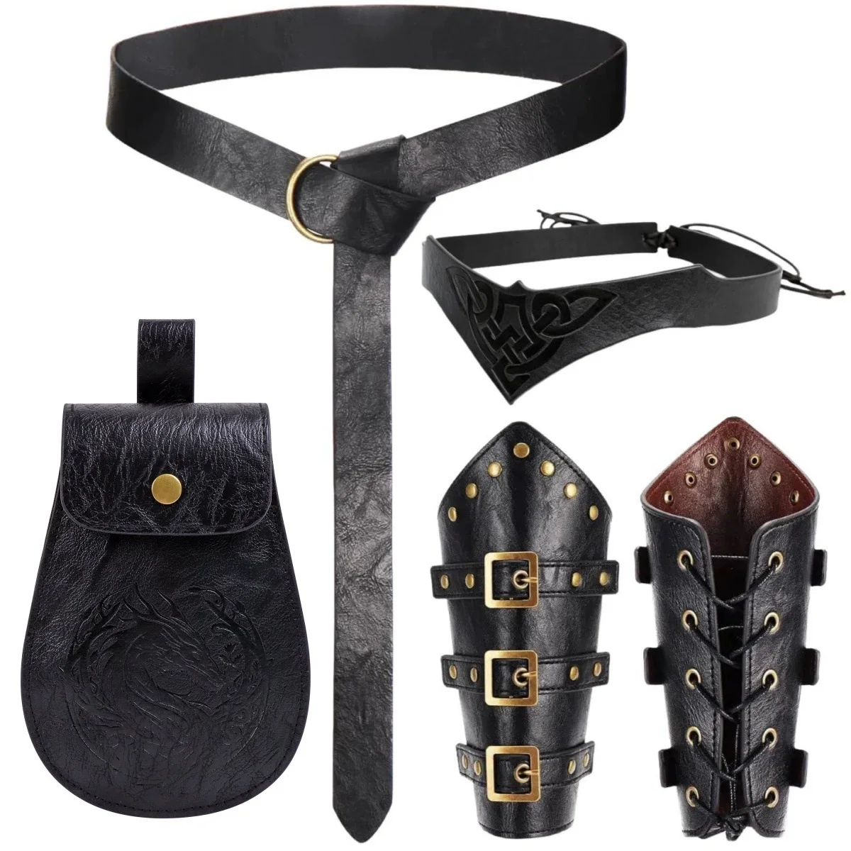 Medieval Leather Belt Pouch Coin Purse, Headband, Wrist Guard Halloween Cosplay Set