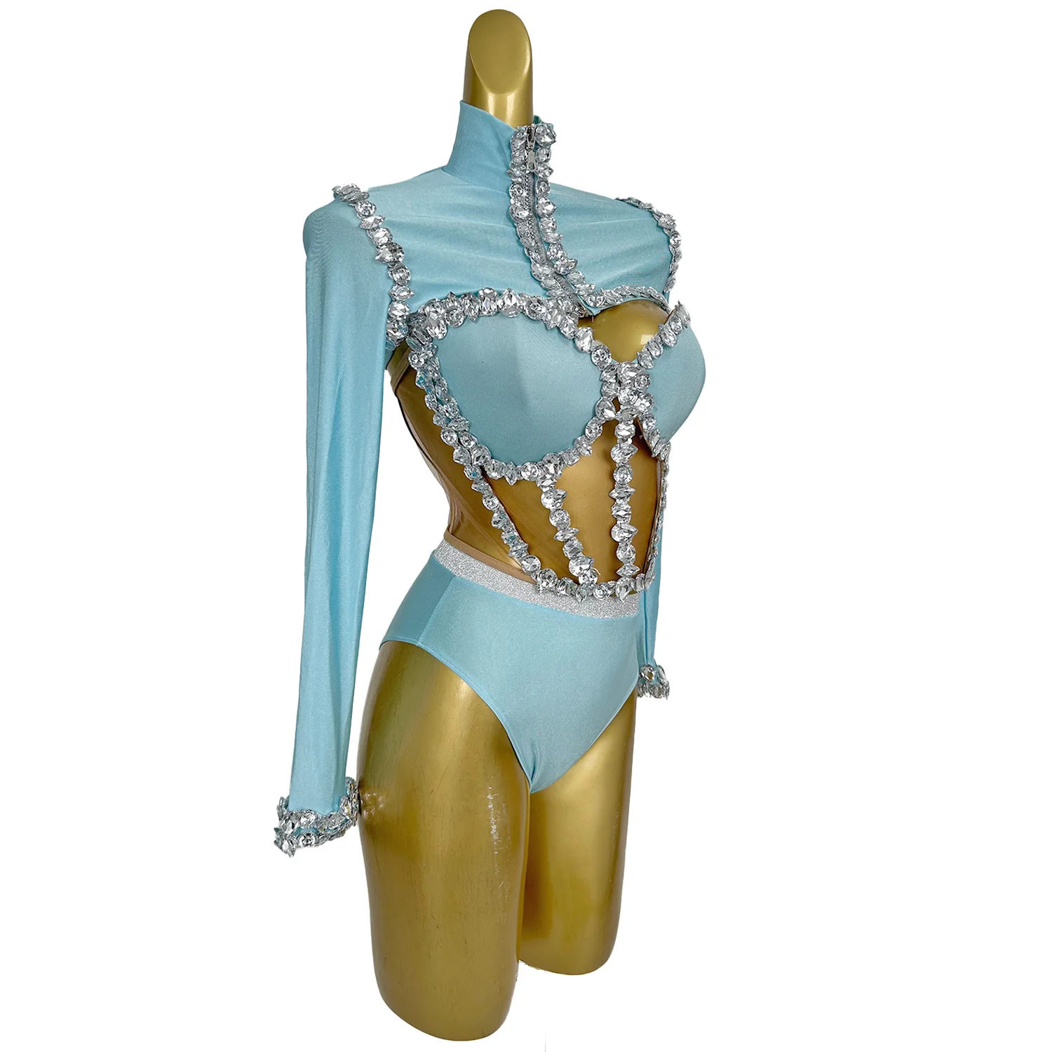 Sexy Strapless Rhinestone Tops Zipper Jacket High-waist Shorts 3-Pieces Sets Party Nightclub Performance Costume Jianmei