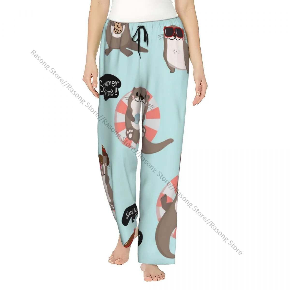 

Cute Otter In Summer Holidays Women Sleep Pants Warm Flannel Lounge Pants for Winter Nights