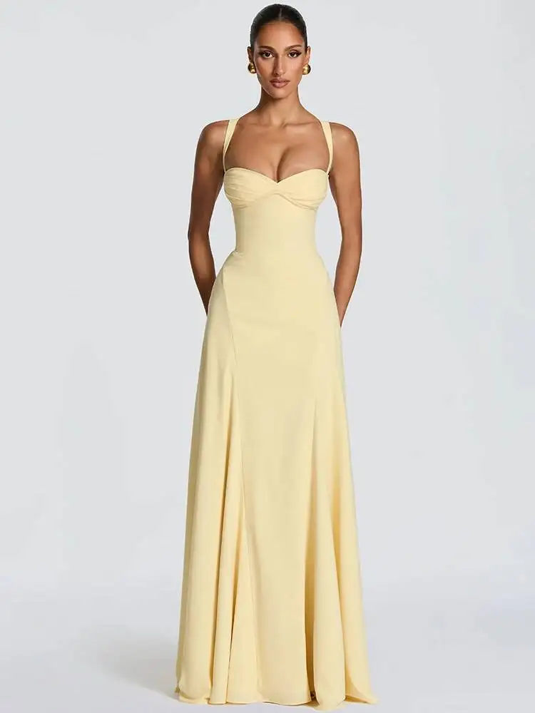 Mozision Schulterfreies, rückenfreies, sexy Maxikleid für Damen, elegant, mit Spaghettiträgern, ärmellos, figurbetont, für Club, Party, Abendkleid, modisch