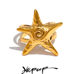 Yhpup 316L Stainless Steel Starfish Open Ring Adjustable 18K Gold PVD Plated Metal Summer Personalized Jewelry for Holiday