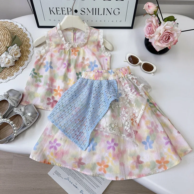 

Children's Outfit Skirt New Summer Girl Baby Stylish Colorful Floral Lace Vest Half Skirt Refreshing Two-Piece Set