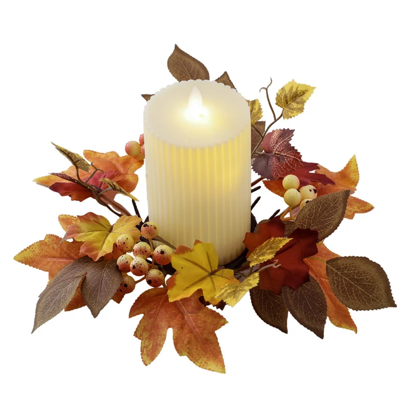 1x Artifical Maple Leaf Candle Holder Wreath Autumn Harvest Thanksgiving Halloween Party Desktop Decoration Fake Maple Ornaments