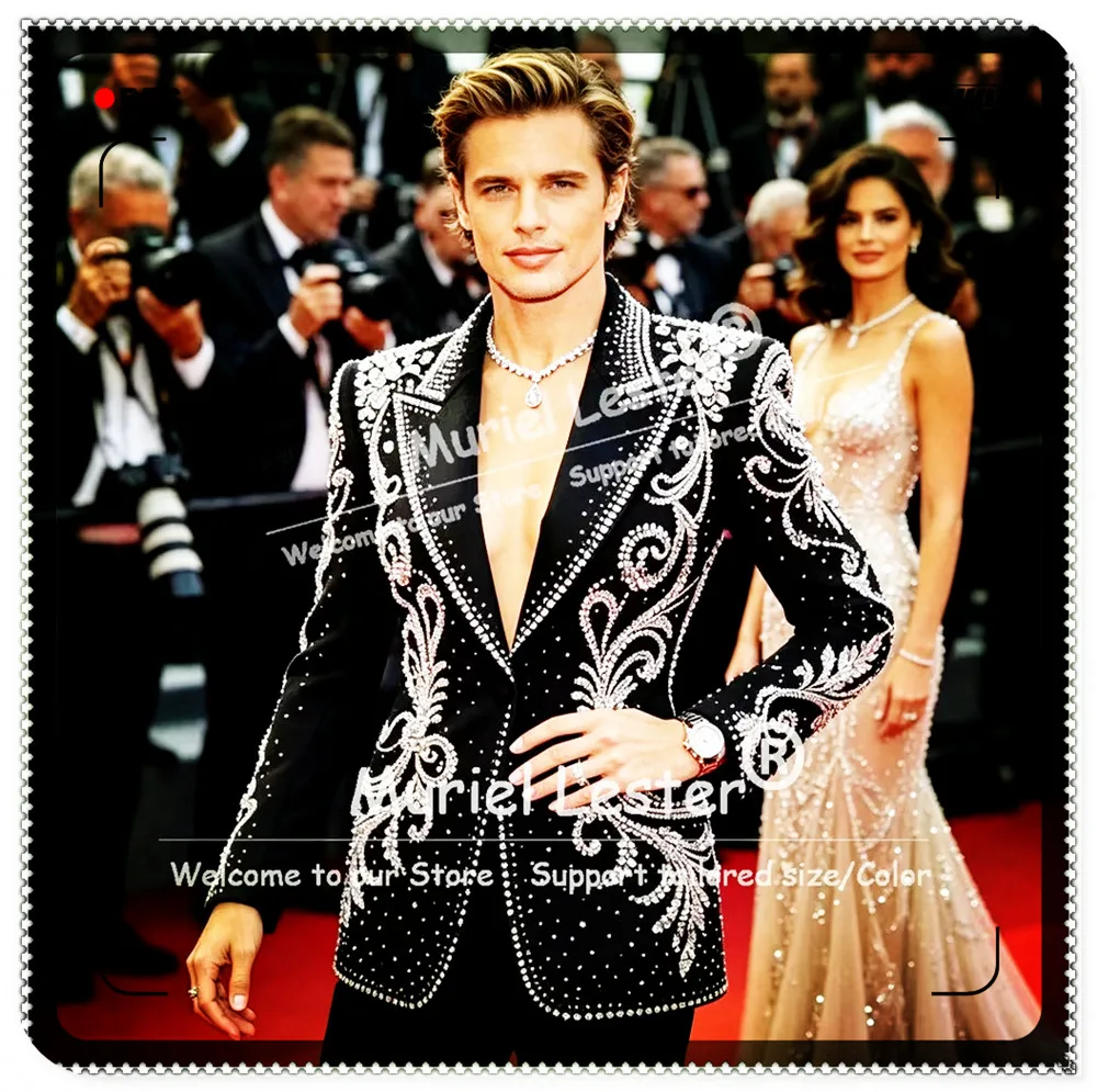 

Luxury Suits Man Sets 2 Piece Sets Male Fashion Crystals Rhinestone Peaked Lapel Prom Blazer Pants Customized Chic Man Outfits