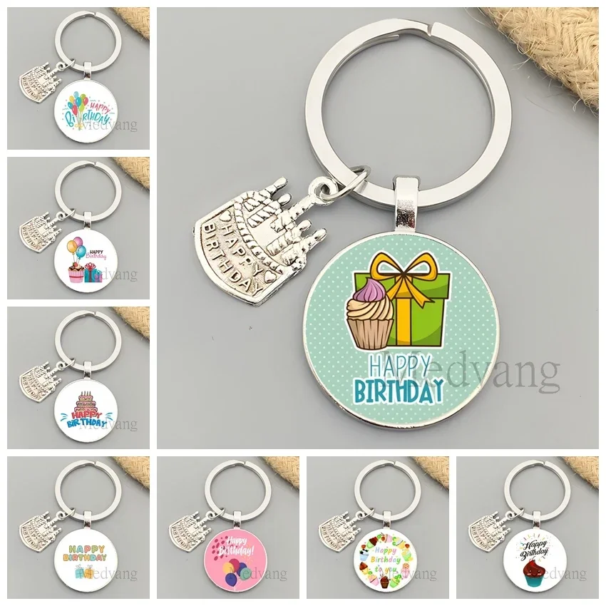 Cute birthday gift keychains cake accessories Glass Cabochon keychains birthday parties small gifts for friends and family