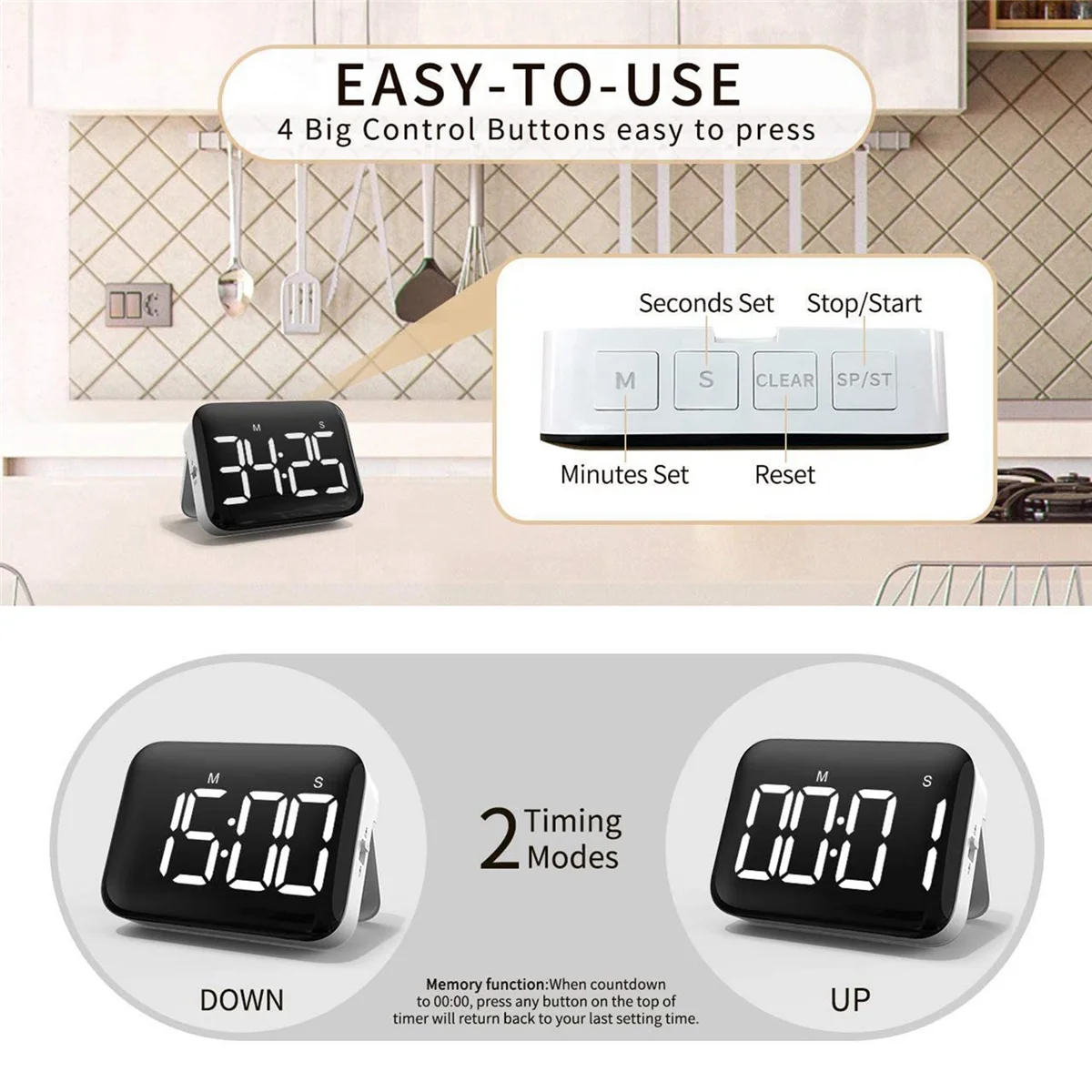 

HOT Digital Kitchen Timer - Magnetic Countdown Count Up Timer with Large LED Display Loud Volume for Cooking and for Kids