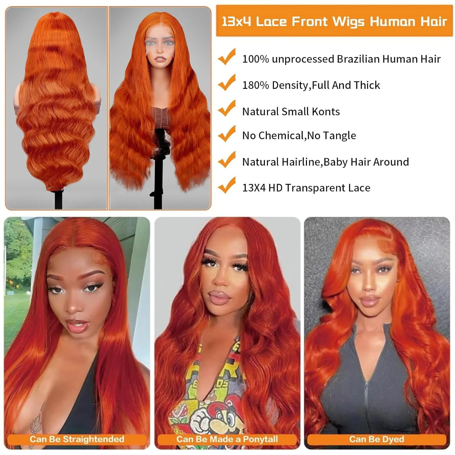 Рыжий Оранжевый 13x6 Парики Фронта Шнурка Человеческие Волосы 250% Плотность Объемная Волна Парик 350 Цветной Парик Человеческих Волос Предварительно Сорванный