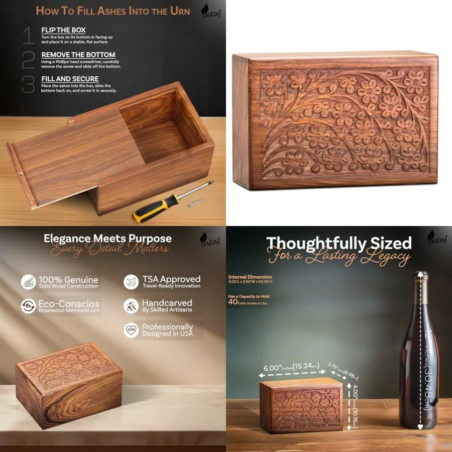 

Handcarved Rosewood Tree of Life Small Urn for Human Ashes - 40 lbs Carving Wooden Cremation Urn Box for Child Youth - Decorati