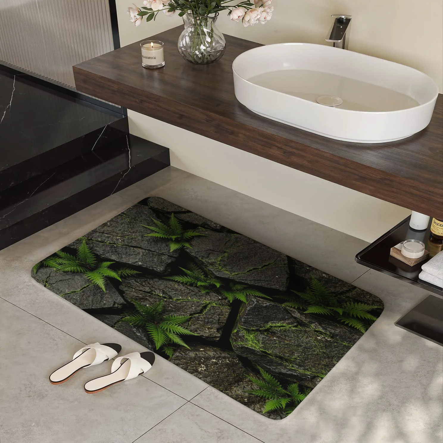 Green Tropical Fern Pattern Runner Rug Botanical Leaf Design Mat for Home Living Room Bathroom Entryway Decoration