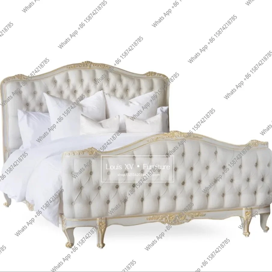 MX High-end Custom American Country Solid Wood Bed, Retro Old Villa Luxury Fabric Double Bed, Old Bedside Table