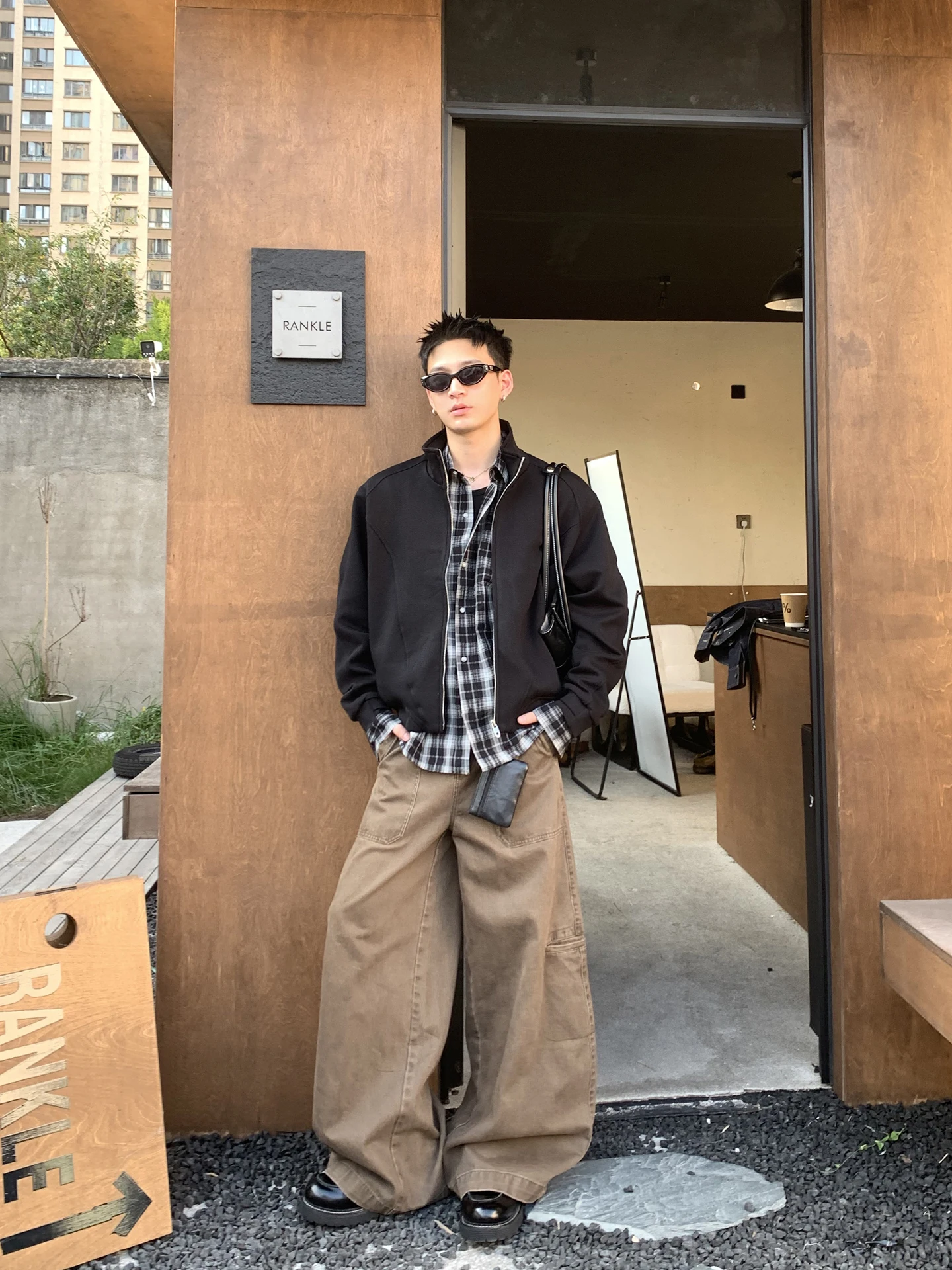 Jaqueta com Zíper PLTH Americana Simples em Cor Sólida, Top Casual Solto com Costura 3D para Homens Jovens, Manga Longa, Comp...
