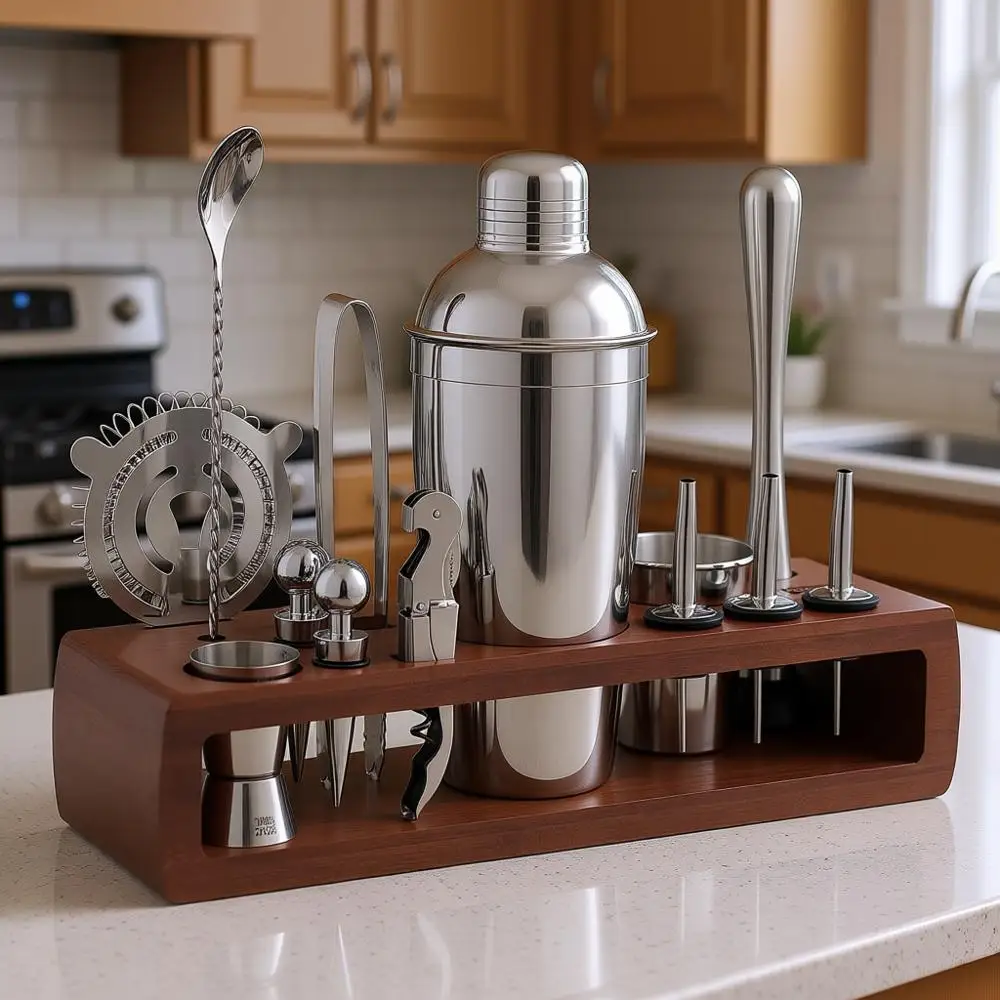 

Набор для приготовления коктейлей из 21 предмета с подставкой, барменский набор, аксессуары для домашнего бара: шейкер 24 унции, джиггер, стрейнер, барная ложка, щипцы, O