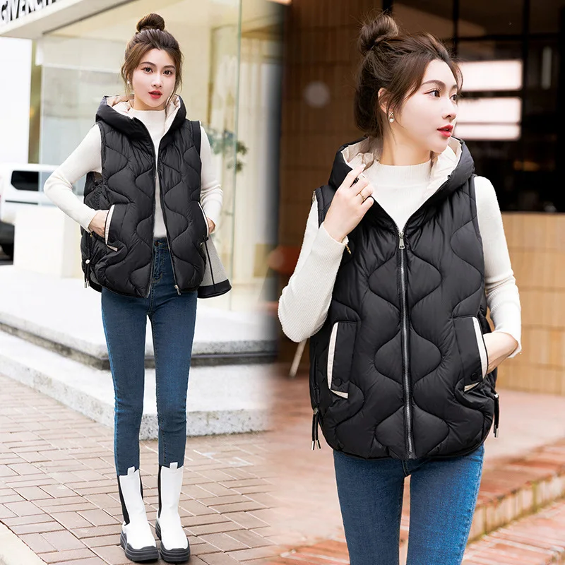 2024New Autumn Winter Warm Waistcoat Ladies Sleeveless Hooded Down Cotton Coat Women Outerwear Casual Puffer Vest Student Jacket