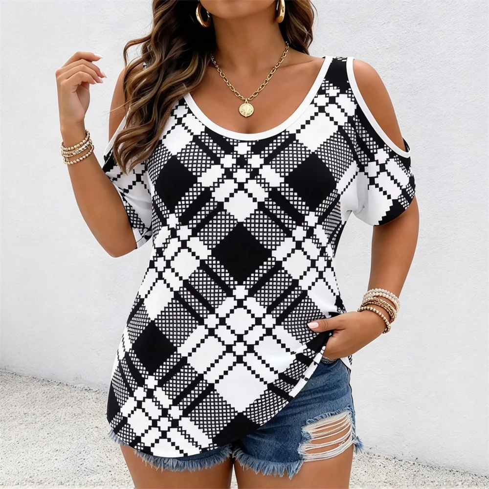 Ladies Off Shoulder T-shirt Vintage Crew Neck Women's T-shirt Women's Off Shoulder T-shirts Plus-size Women's Y2k Clothing Tops