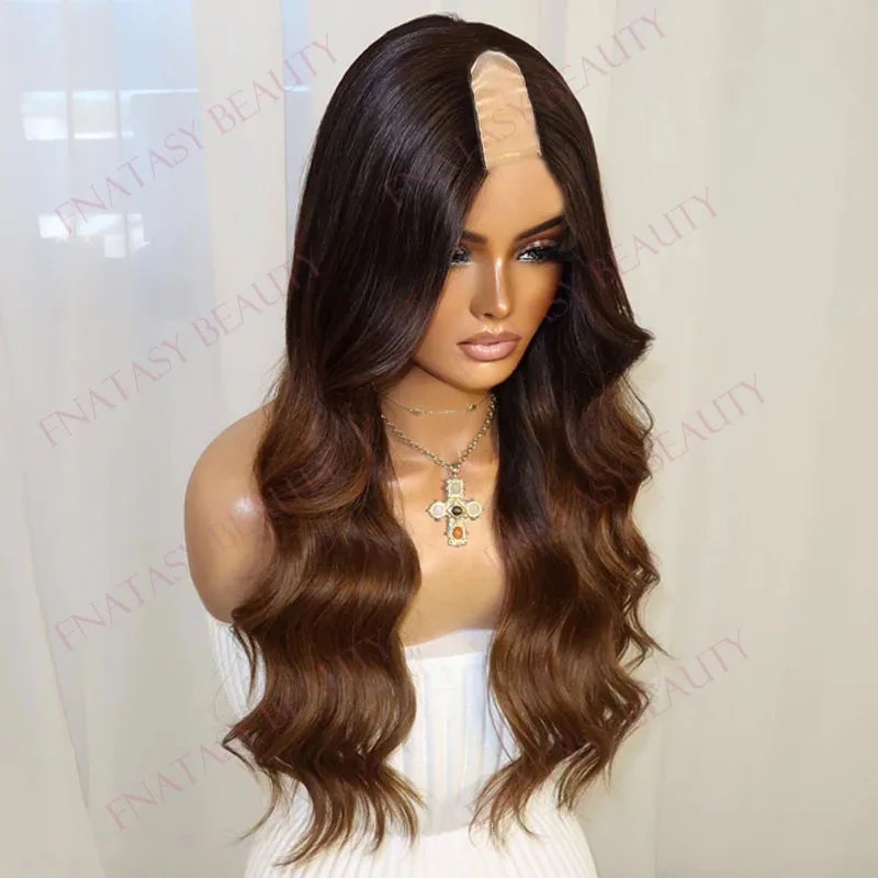

Easy Wear Glueless Cheapest 1x4 Size Middle U Part Human Hair Wigs for Black Women Ombre Auburn Brown Body Wave V Part Wigs Remy