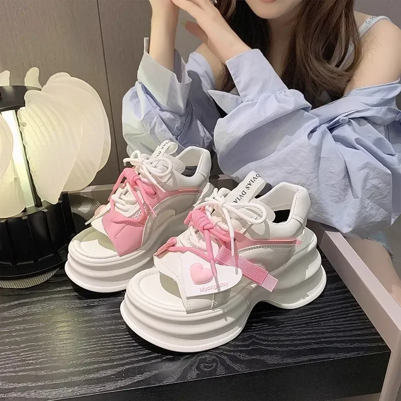 Women Fashion Sports Platform Sandals 2024 Summer Thick Bottom Wedge Walking Shoes Woman Peep Toe Lace Up Chunky Sandalias Mujer