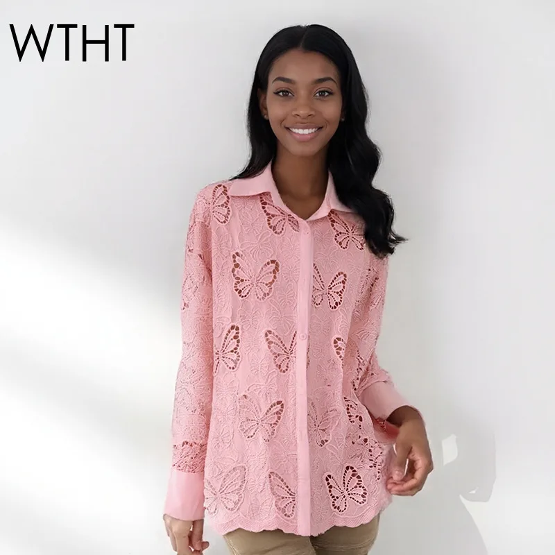 

WTHT New Fashion Women's Diamonds Hollow Out Butterfly Shirt 2026 Spring Trendy Lapel Long Sleeves Blouse Female 1LS2813