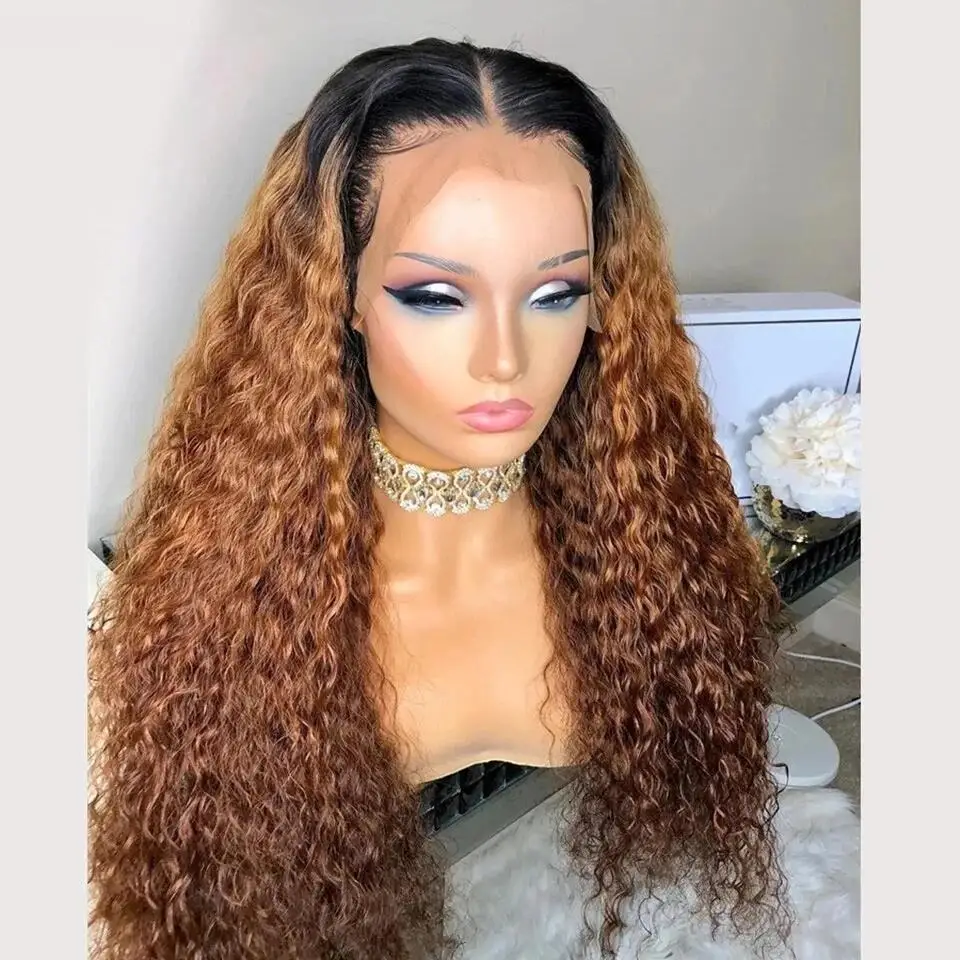 Soft  Ombre Blonde Brown 26Inch Long 180Density Kinky Curly Lace Front Wig For Black Women Baby Hair Daily Preplucked Glueless