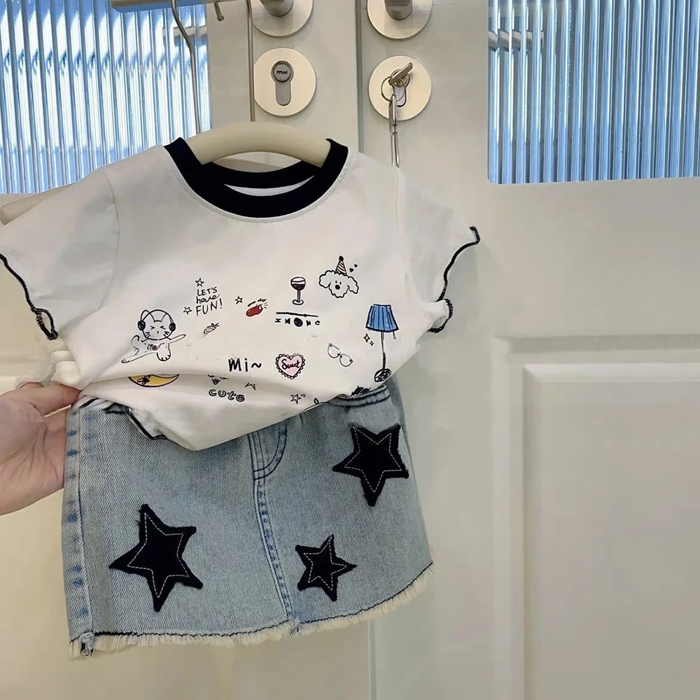 Children Girls Clothes Sets Summer Cartoon Print Short Sleeve CottonT-shirts+Blue Denim Skirt 2Pcs Korean Style Kids Outfit Suit