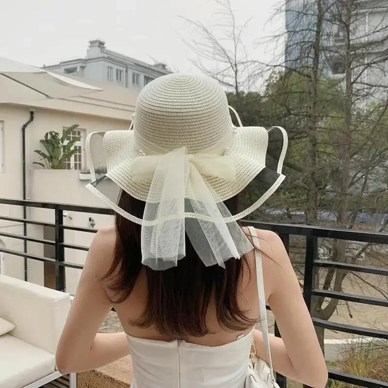 

2023 New Foldable Wide-brimmed Girl Straw Pearl Sun Hat Beach Wave Hat UV Protection Travel Hat Lady Beach Hat Birthday Gift