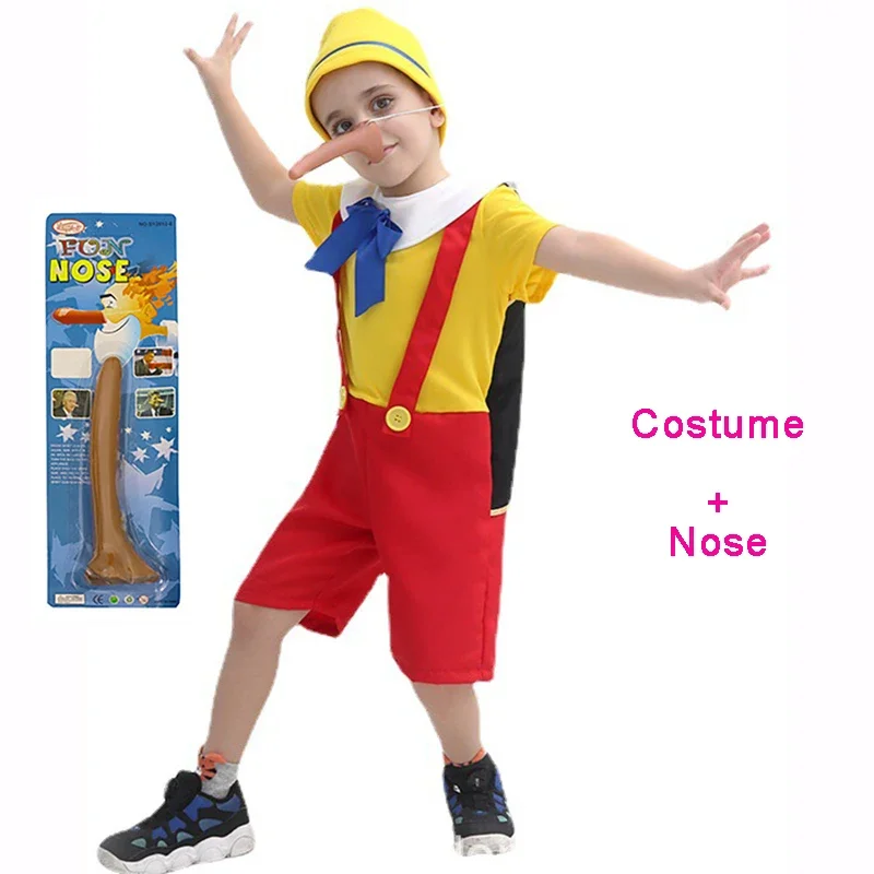 Boys Girls Pinocchio Costume Kids Halloween Funny Birthday Party Clothes Cartoon Character Roleplay Cosplay Costume Nose Set