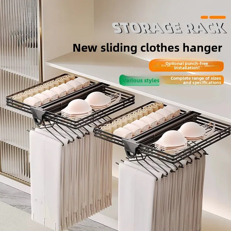 Home No Drill Pull‑Out Hanger Basket, Top Mount Retractable Organizer for Wardrobe Closet Kitchen, Movable Hook Storage Rack