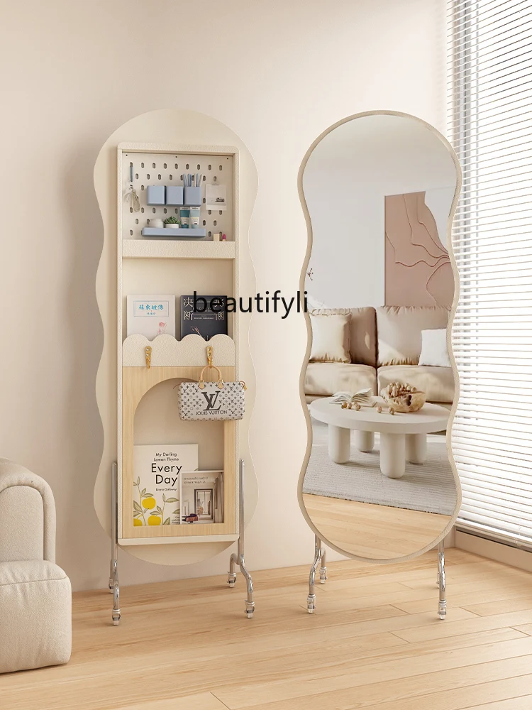 

Multifunctional Household Wave Mirror Full-Length Mirror Rotatable Movable Floor Magazine Rack Cabinet