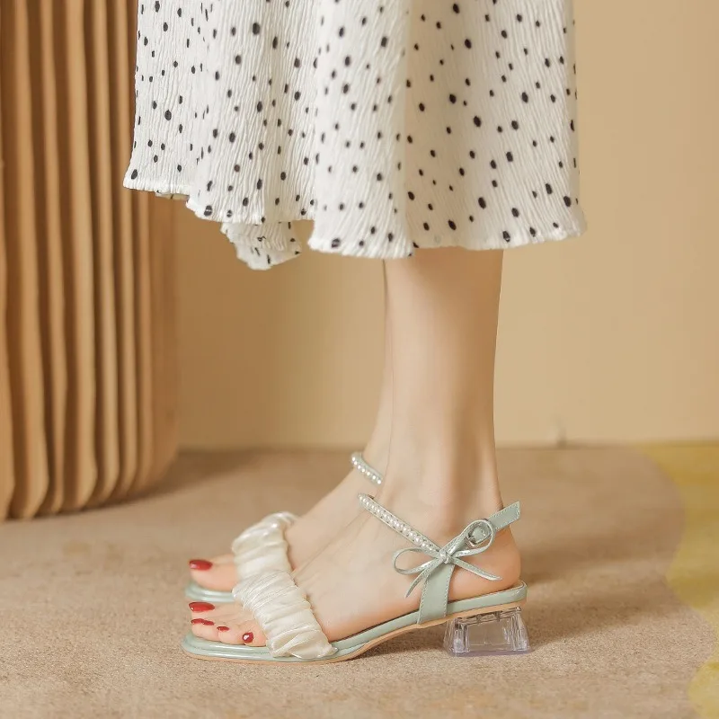 Women Sandals with Summer Strap Pearl Design Buckle Strap Sandals Comfortable Casual Fashion Women Shoes Square Heels 41-41