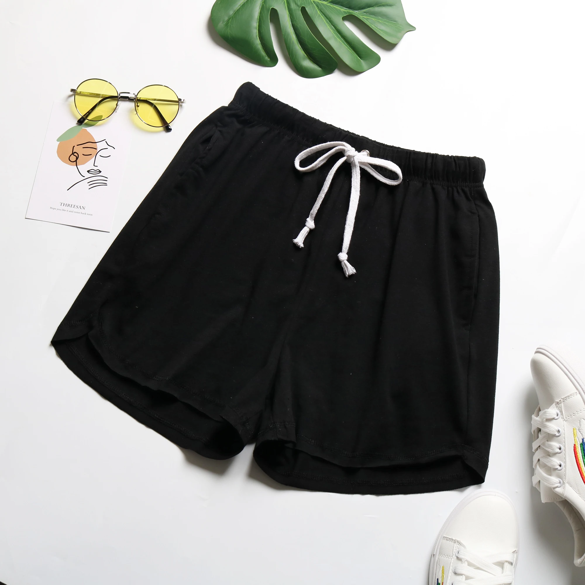 JIM & NORA 2024 summer new solid color loose casual sports shorts women's home wide leg pants foreign trade