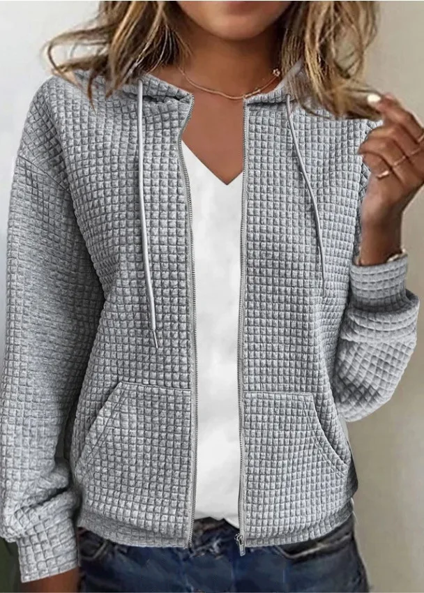 Women Waffle Knit Zip Up Hoodie Jacket Casual Long Sleeve Drawstring Hooded Coat With Pockets Loose Solid Color Fall Winter Wome