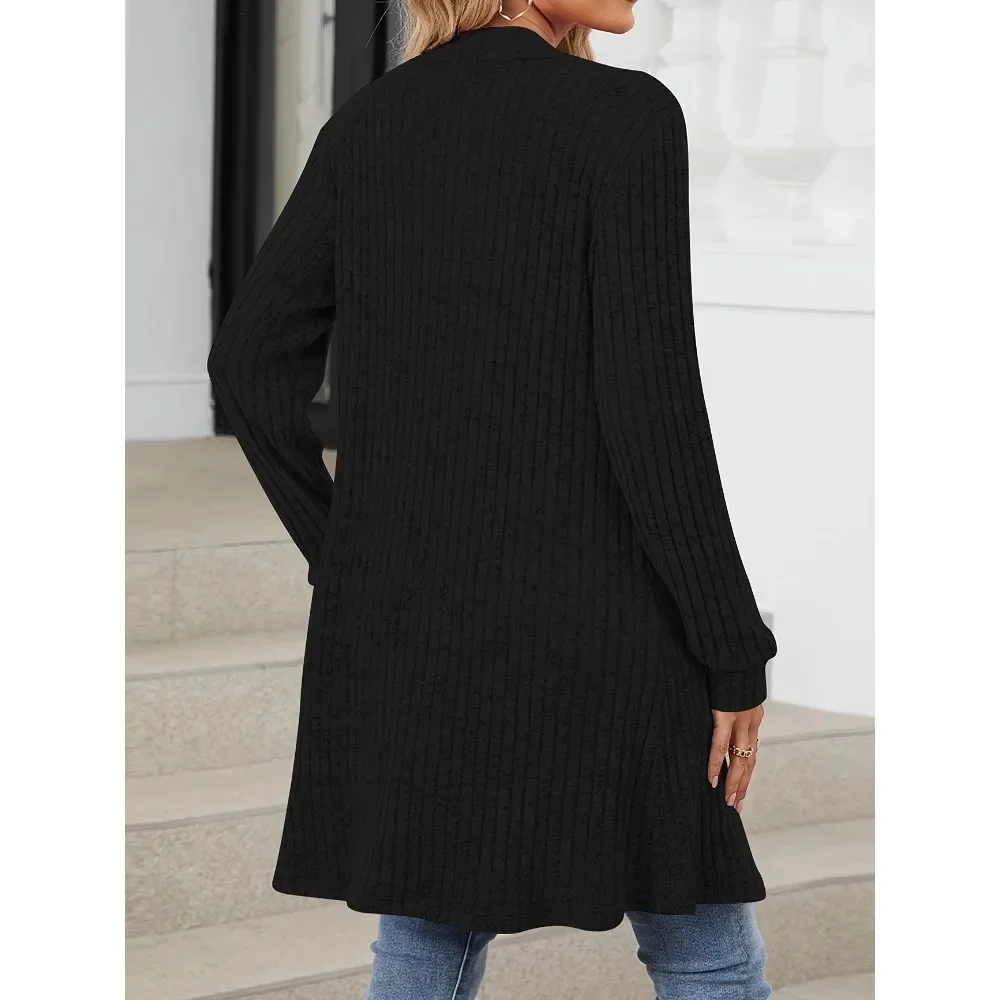 حجم كبير 1XL-5XL المرأة الموضة الصلبة مضلع جيوب معطف طويل السيدات عادية مفتوحة الجبهة معطف أنيق كم طويل معطف