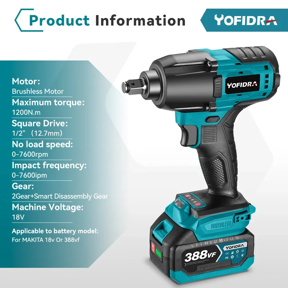 Yofidra 1200N.m High Torque Electric Impact Wrench 1/2 inch Cordless Car Wheel Wrench Driver Power Tools For Makita 18V Battery