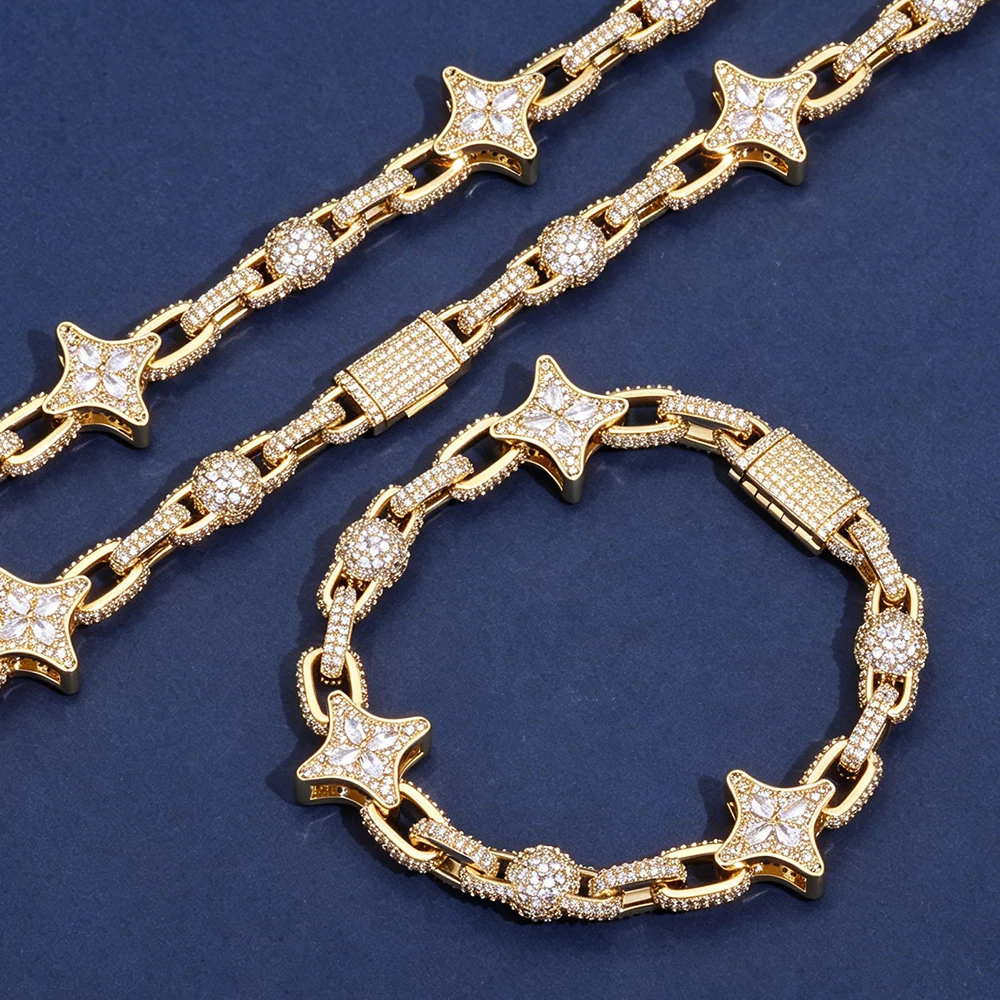 Luxury NUOYA Iced Out Moissanite Jewelry Four Point Star Cuban Link Chain Necklace Pass Diamond Test Hip Hop Jewelry for Women.