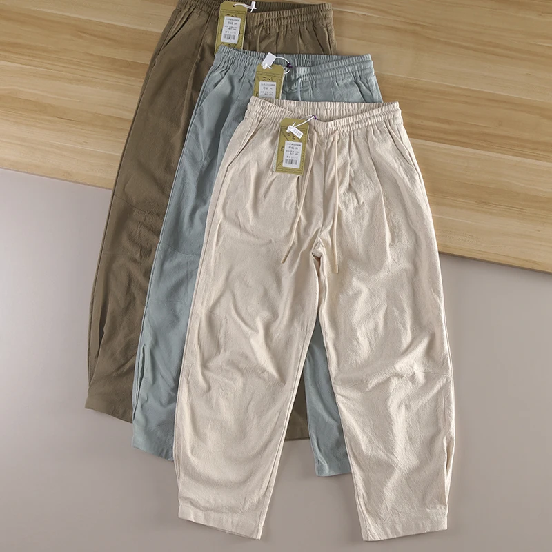 

Мужские летние повседневные свободные длинные брюки из смеси льна с эластичной резинкой на талии, Harlan, модные модные городские цвета