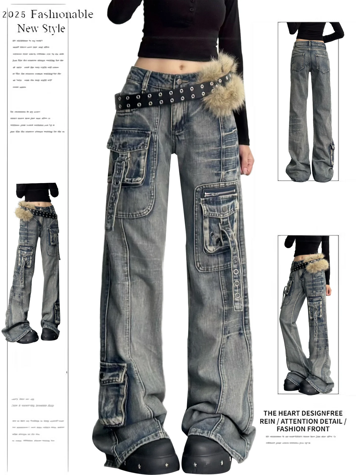 

Retro American Design Workwear Bell Bot Denim Jeans Women's Multiple kets Sexy Slim Long Pants Low Waist Zipper Closure
