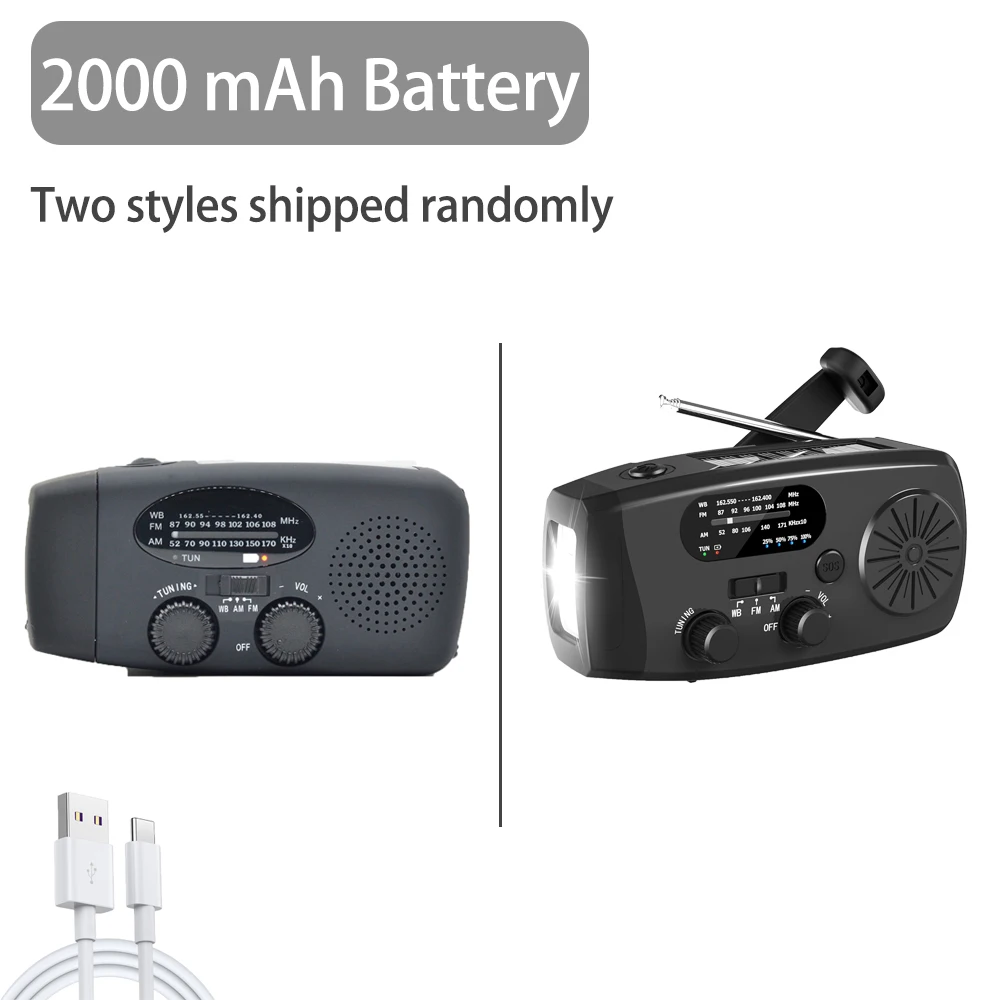 2000 mAh noodradio met LED-verlichting Radio USB-oplaadlicht op zonne-energie Buitenreizen Draagbare oplaadbare FM/AM-radio