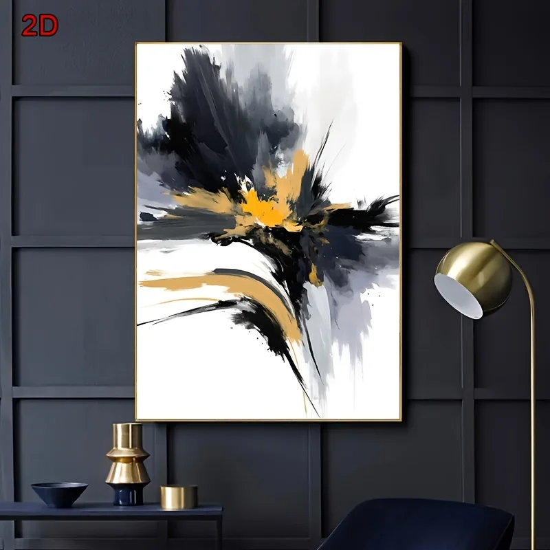 2D شقة، 1PC مجردة الذهبي الأسود الرمادي سبلاش الفن الطباعة - فرملس الحديثة الحد الأدنى قماش جدار الفن، 2D شقة خمر نمط #4