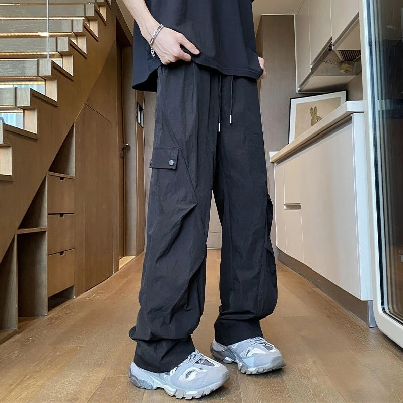 Męskie spodnie robocze szerokie cargo, dresowe, gładkie, tanie, nylonowe, w stylu koreańskim Y2k vintage streetwear, wysokiej jakości.