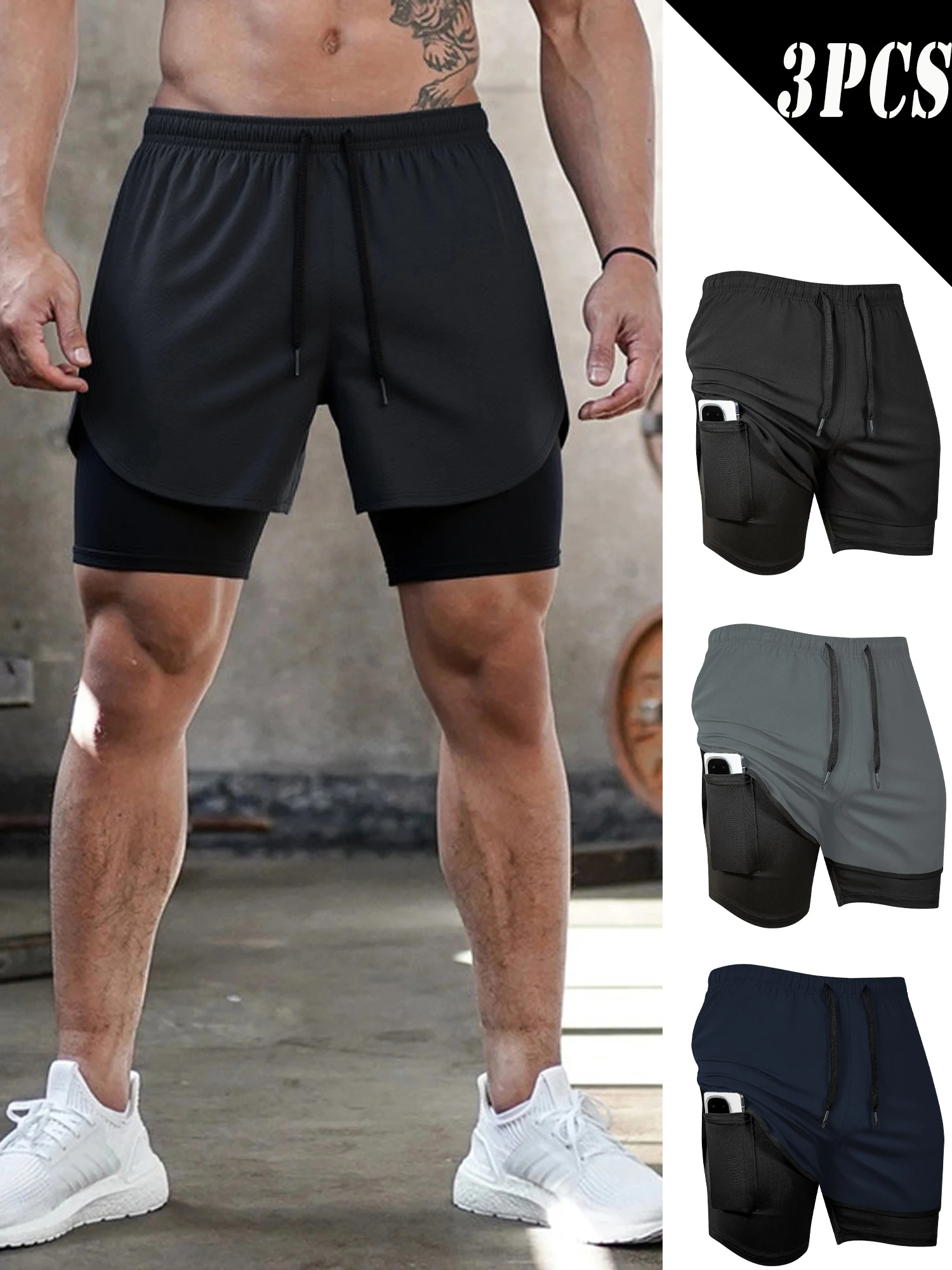 

3PCS Men's Gym Shorts Fitness Summer 2-in-1 Performance Shorts for Men Running Workout Sports Shorts Pants Lined with Pocket