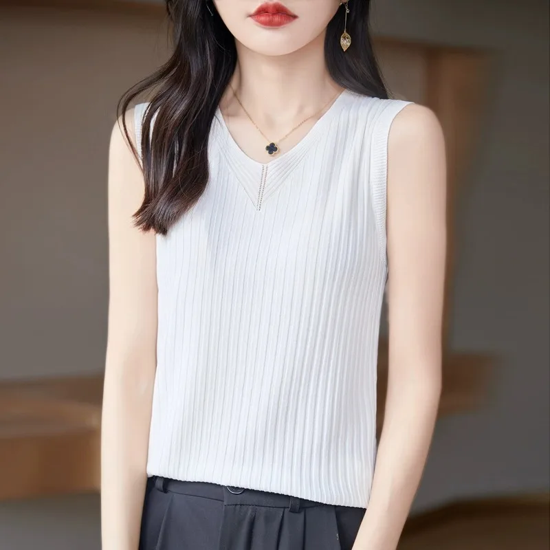 رقيقة الحرير الجليد حزام سترة المرأة الصيف ملابس خارجية محبوك التخسيس V-Ne Svel أعلى عادية Sle لون نقي Faionable #2